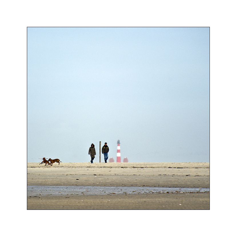 spo mit westerhever leuchtturm, pfahl, menschen und hunden