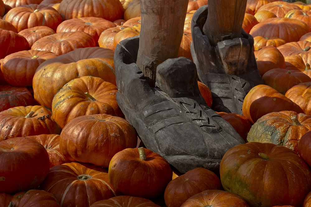 Sportschuhe aus Holz und Kürbisse