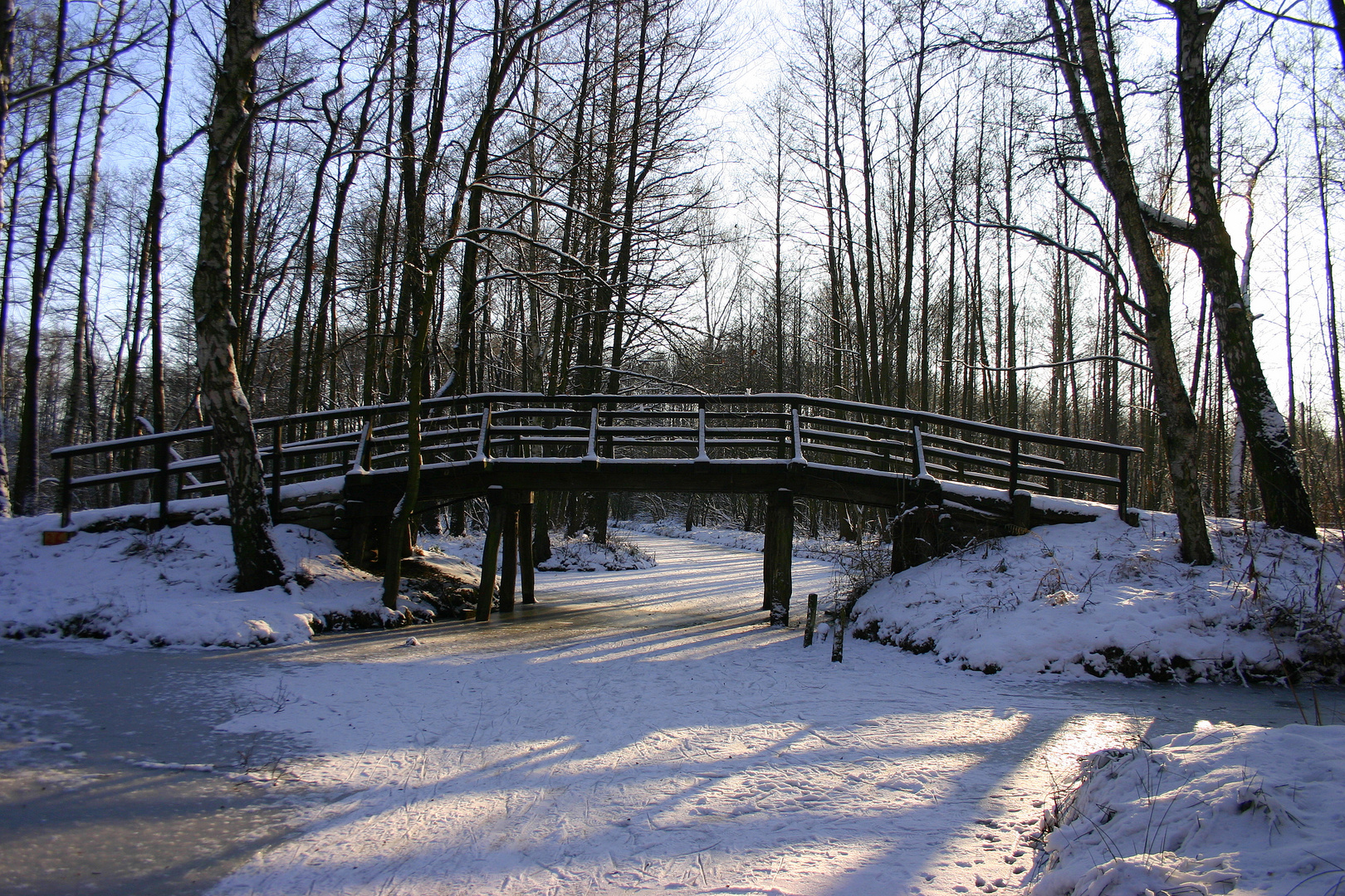 Spreewaldfließ im Winter mit Brücke