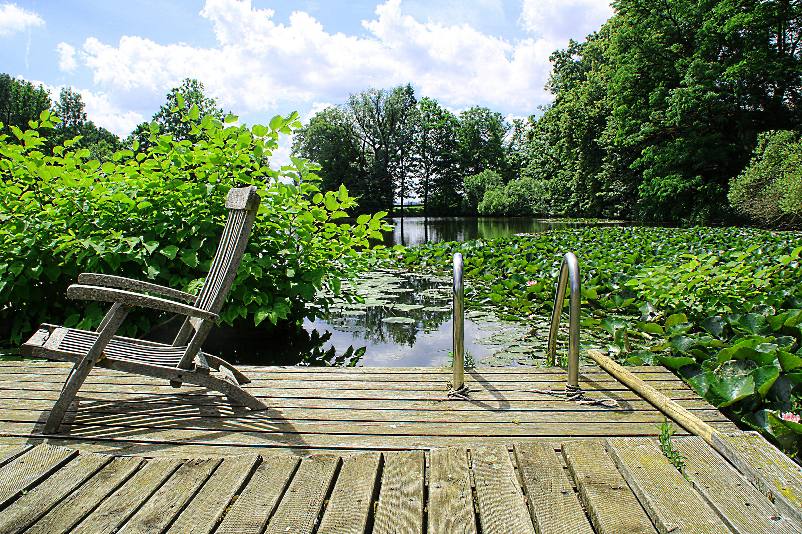 Steg in den Teich.. Schlosspark Dennenlohe