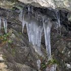 Stein, Eis, Pflanzen und Flechten unter einem mächtigen Felsen ...