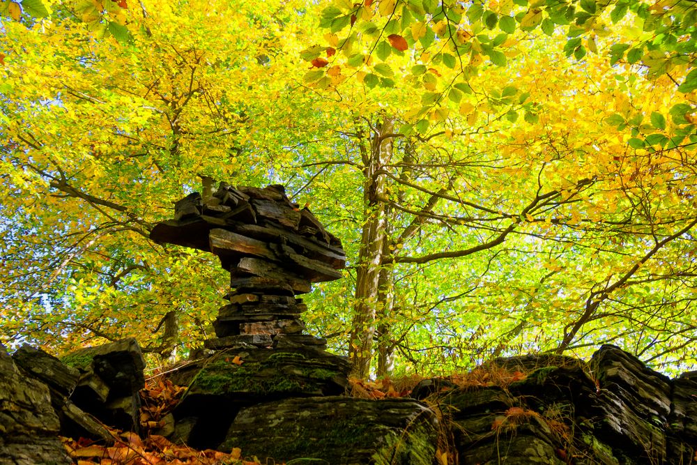 Steinkreuz im Herbstwald
