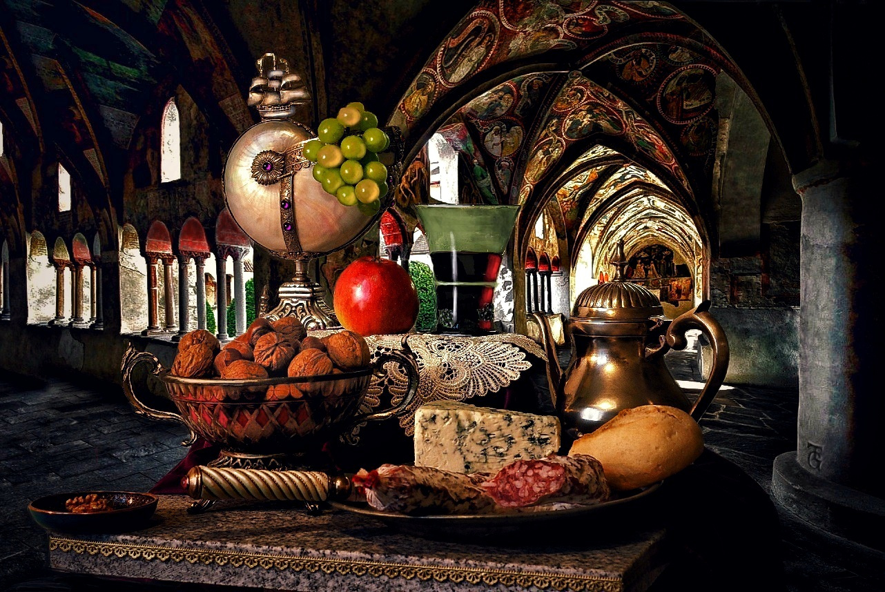 Still life with fruits and food