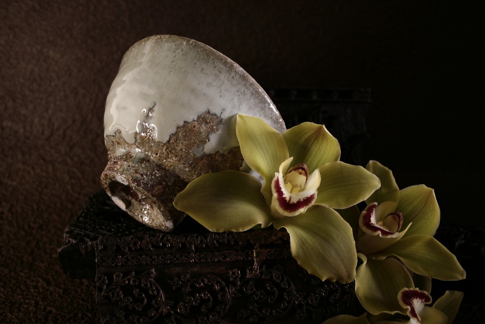 Still life with Japanese tea bowl and orchids