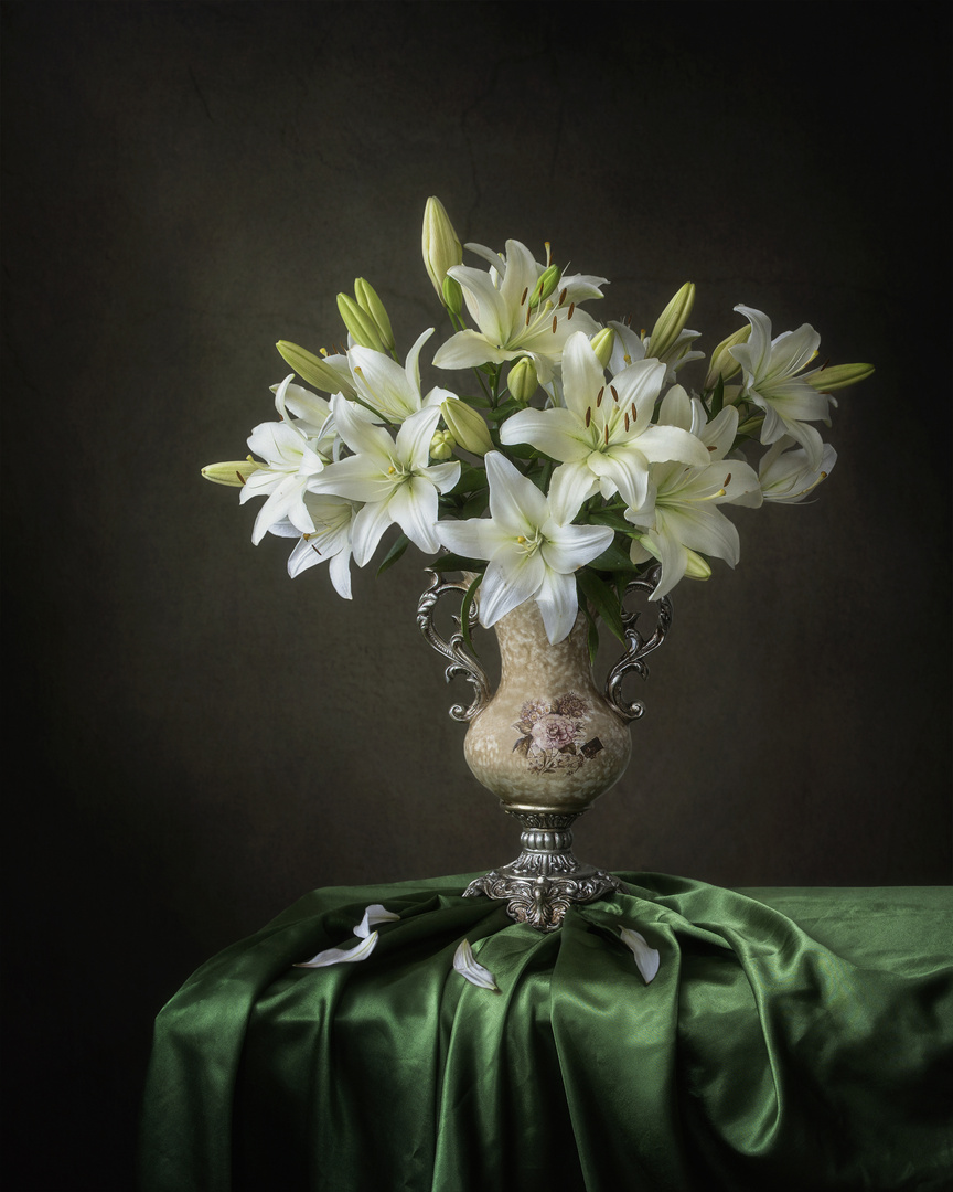 Still life with white lilly bouquet