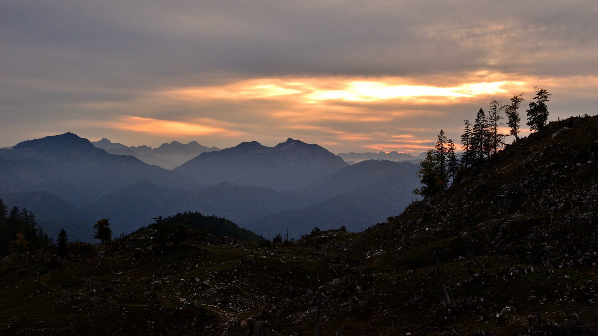 Stille, Berge, Sonnenuntergang