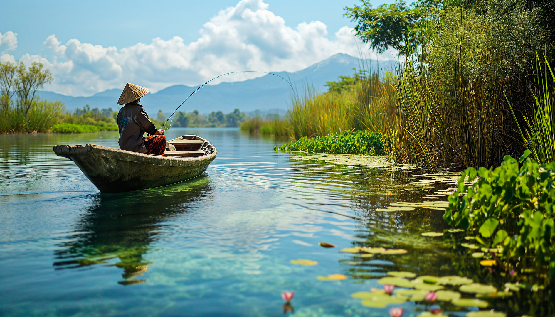 Stille der Mekong-Lagune: Ein Fischer bei der Arbeit (KI-Szene)