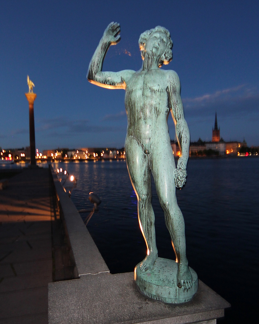 Stockholm, Skulptur "Singen",  Sicht auf Gamla Stan vom Stockholmer Rathaus, Nacht