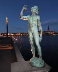Stockholm, Skulptur "Singen",  Sicht auf Gamla Stan vom Stockholmer Rathaus, Nacht
