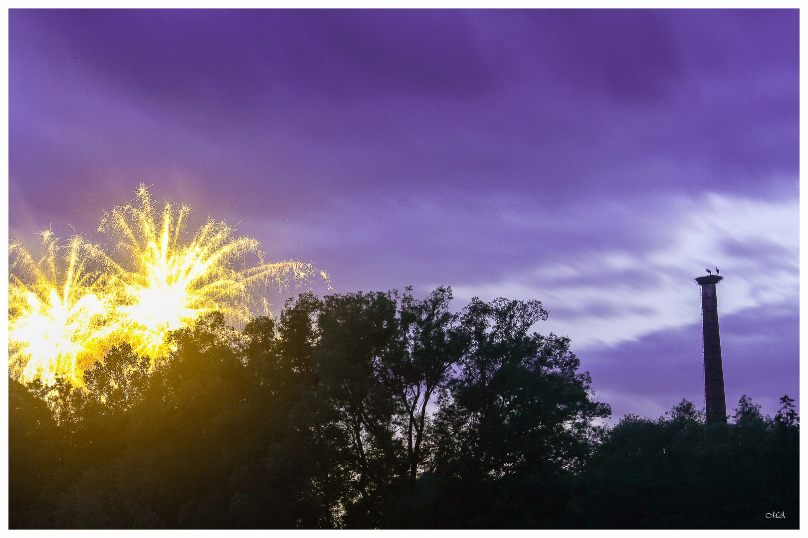 Störche und Feuerwerk