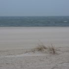 Strand, Dünen, wehender Sand, Wasser, Dunst am diesigen Morgen