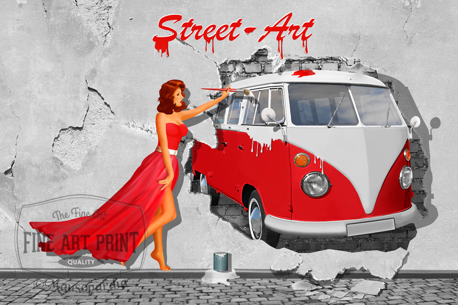 Street-Art in Digital-Art, mit Pin-up girl und Oldtimer Bus T1