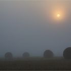 Strohballen im Morgennebel