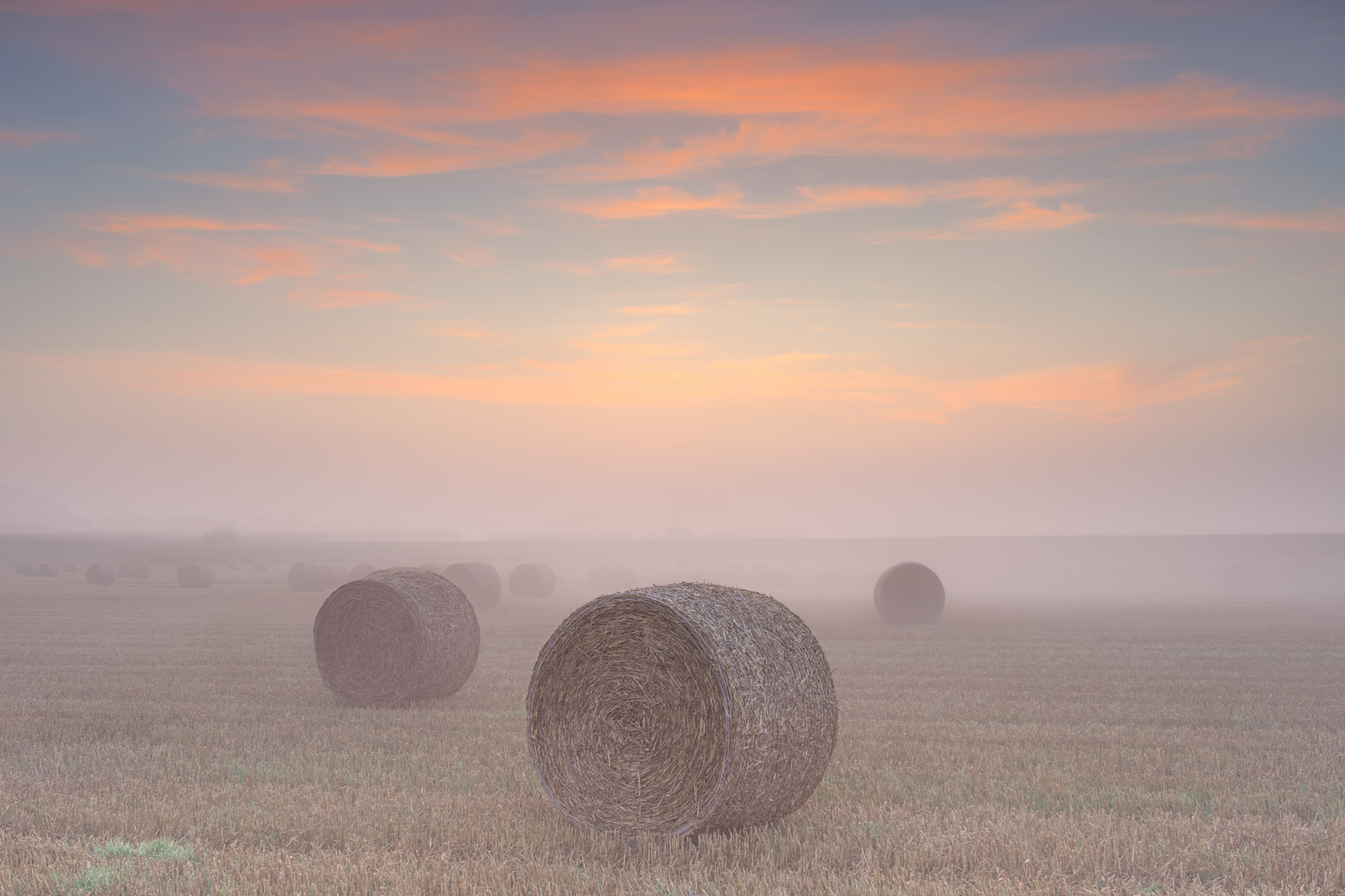 Strohballen im Nebel