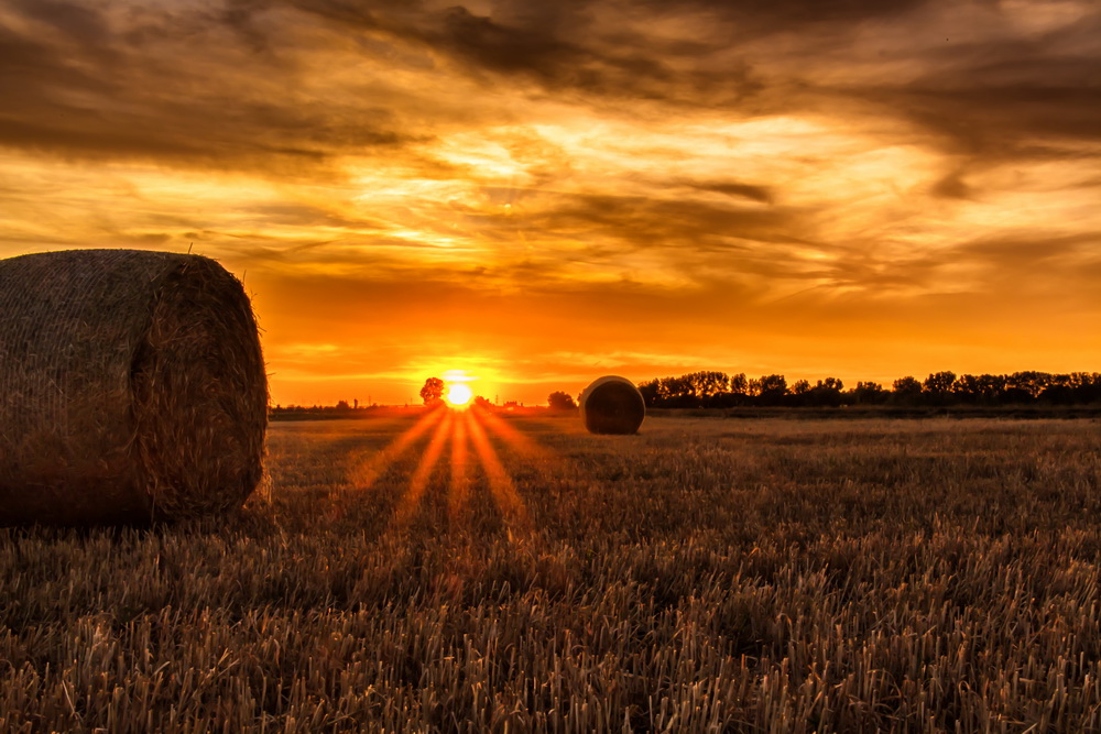 "Strohballen und Sonnenuntergang"