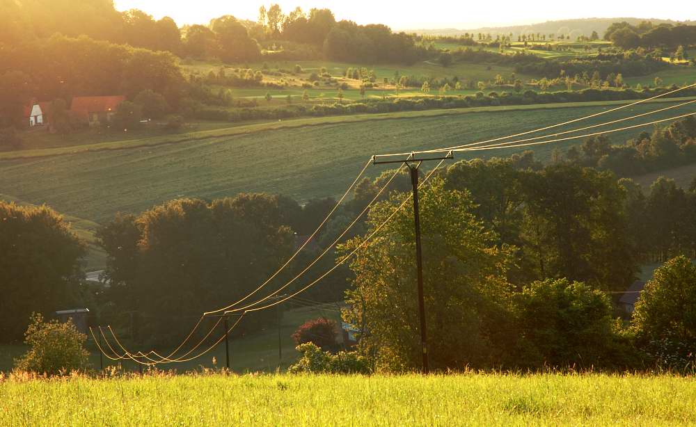 Stromleitungen glühen in der Abendsonne