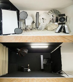 Studio mit Aufnahmebereich und Teil des Equipments