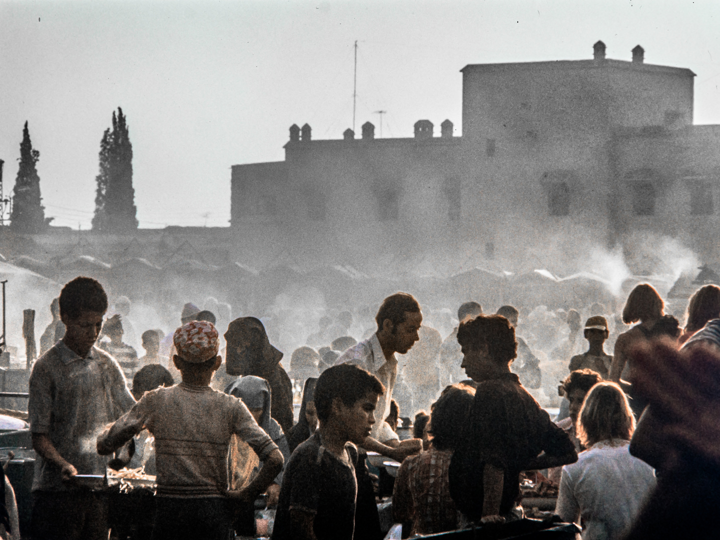 Summer 1973: The market Djemaa el Fna in Marrakech, Morocco