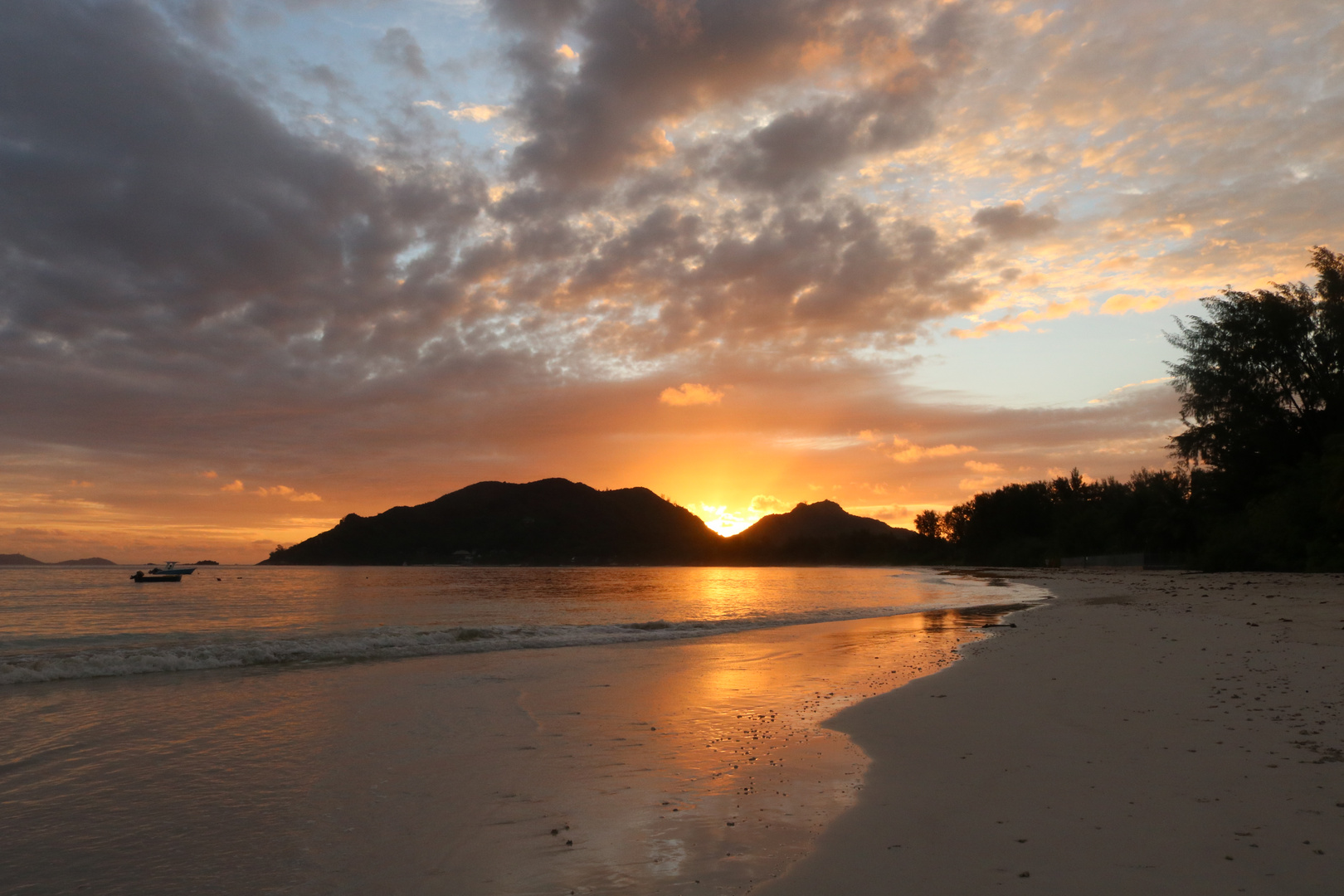 Sun rise over Praslins, Seychelles isands