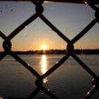 Sun set thru a chain link fence.