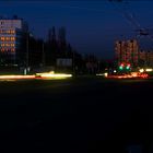 Sunset light in windows of city