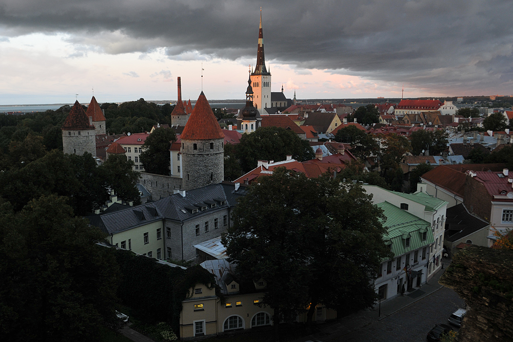 Sunset lighting Tallinn's Old Town & Saint Olaf's Church