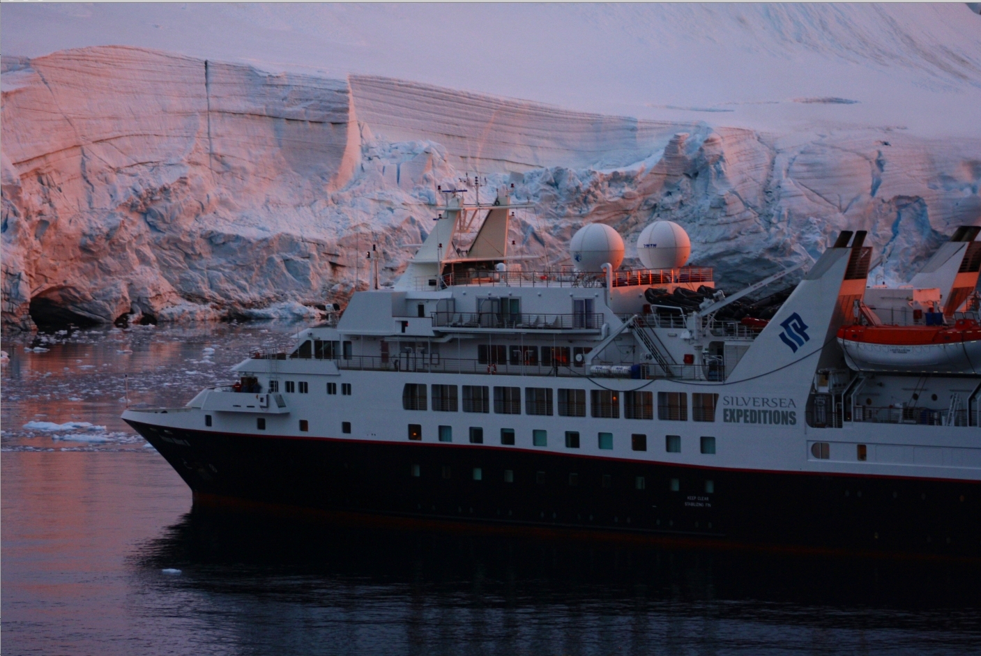 Sunset on a ship and on a glacier.