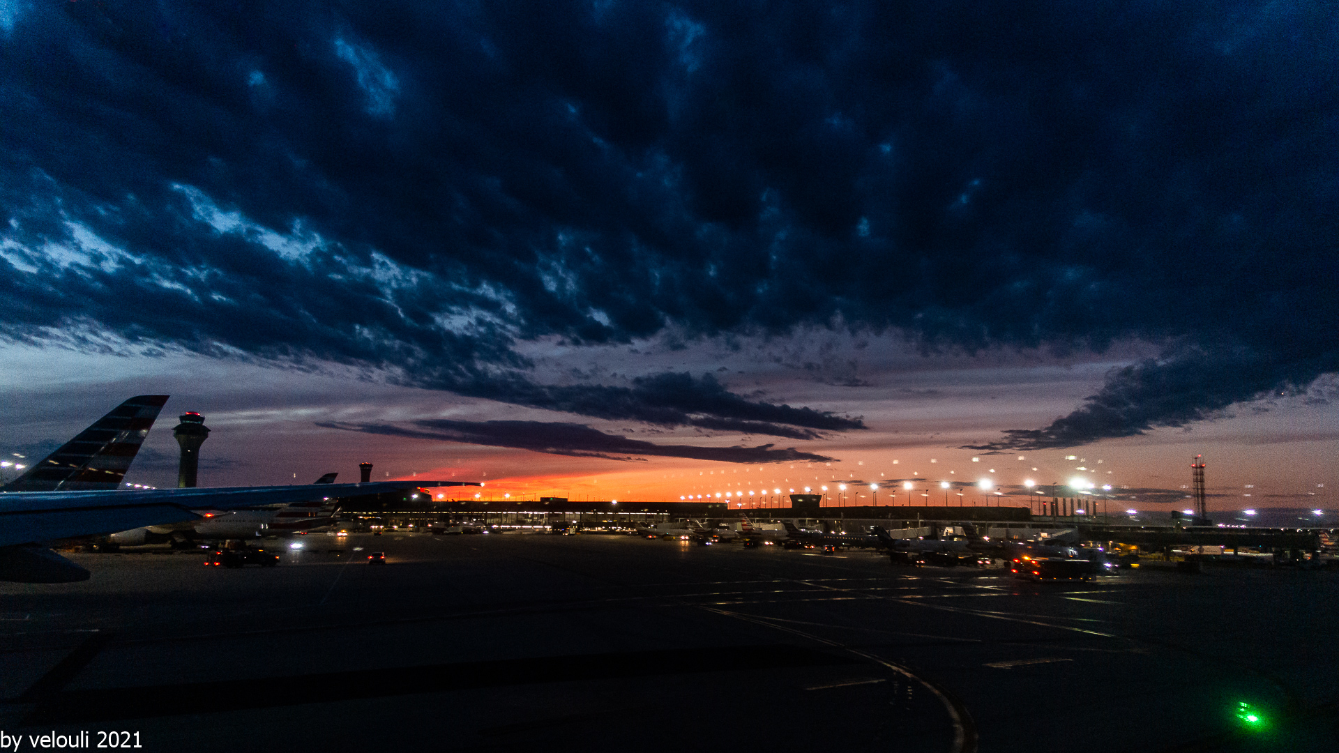 sunset on chicago airport