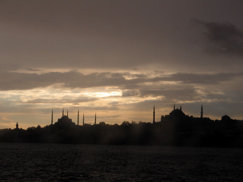 Sunset over Blue Mosque and Hagia Sophia..