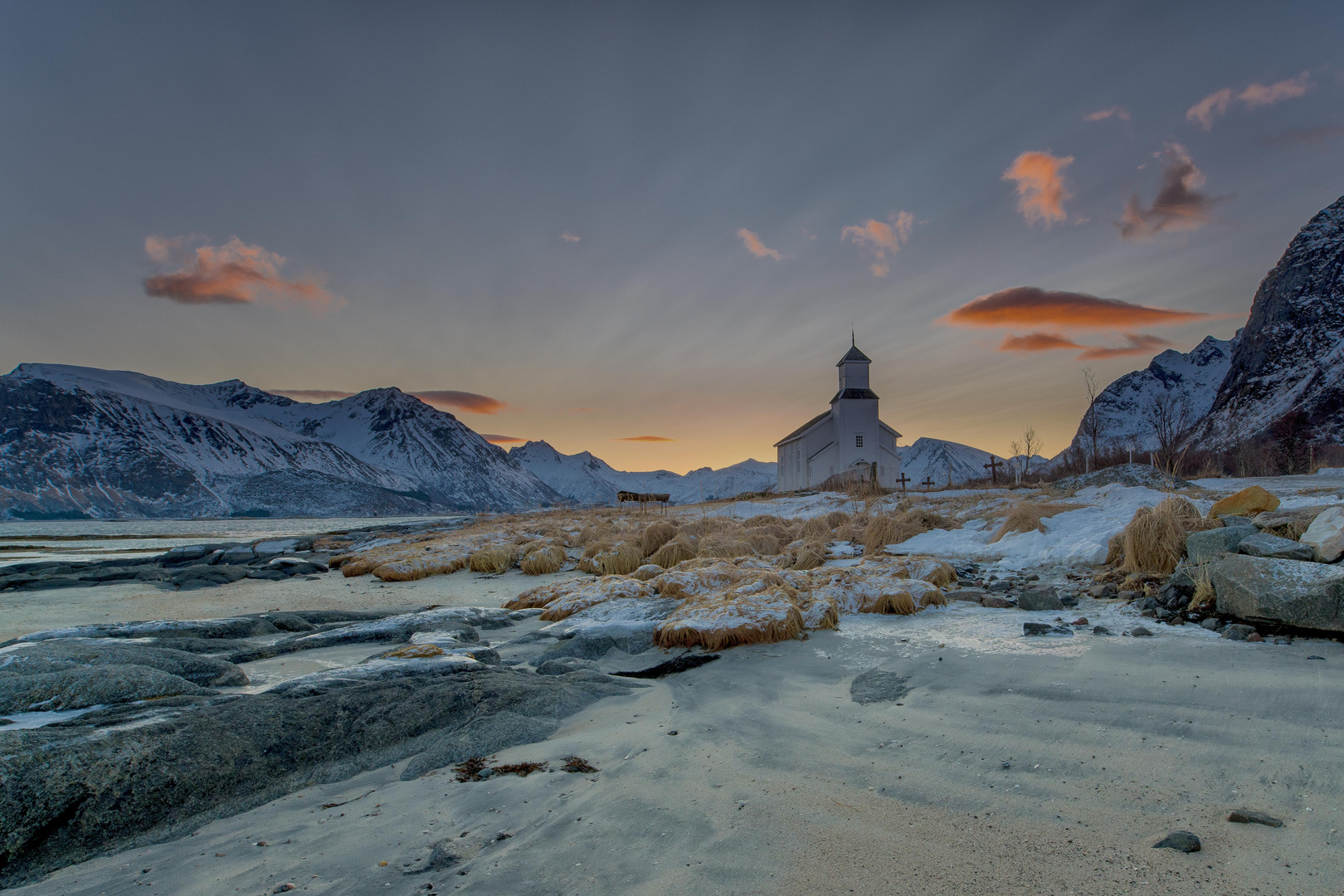 sunset over the gimsoy kirken