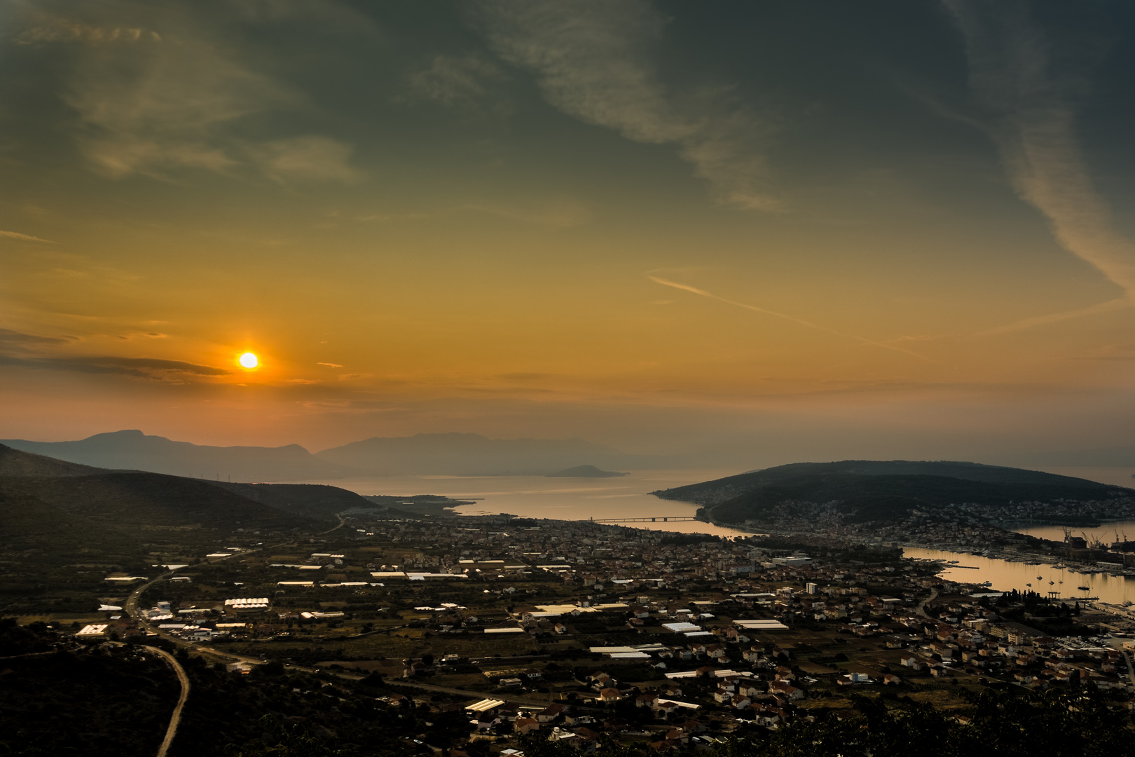 Sunset over Trogir and Split in Croatia