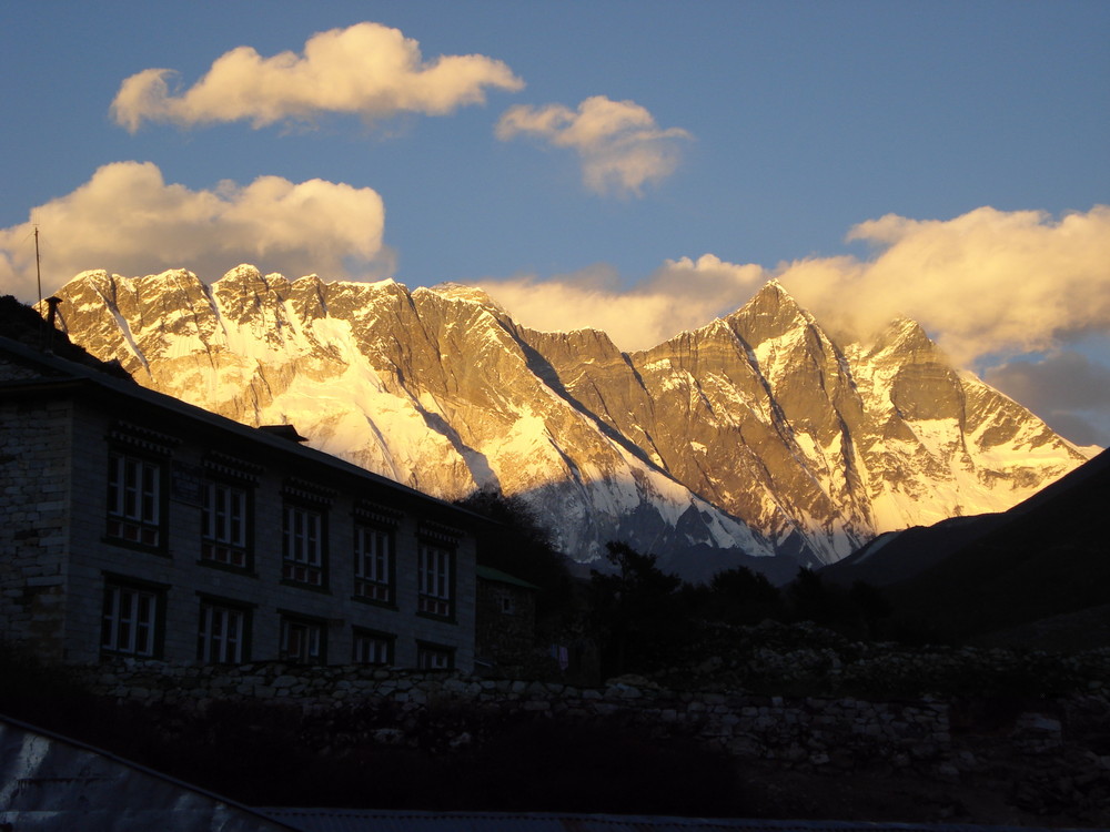 "Sunset view of Mt Everest and sorrounding Himalayan ranges from Pangboche village