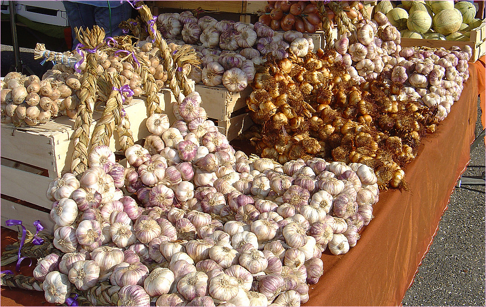 Sur un marché : des bulbes pour parfumer la cuisine du Sud-Ouest