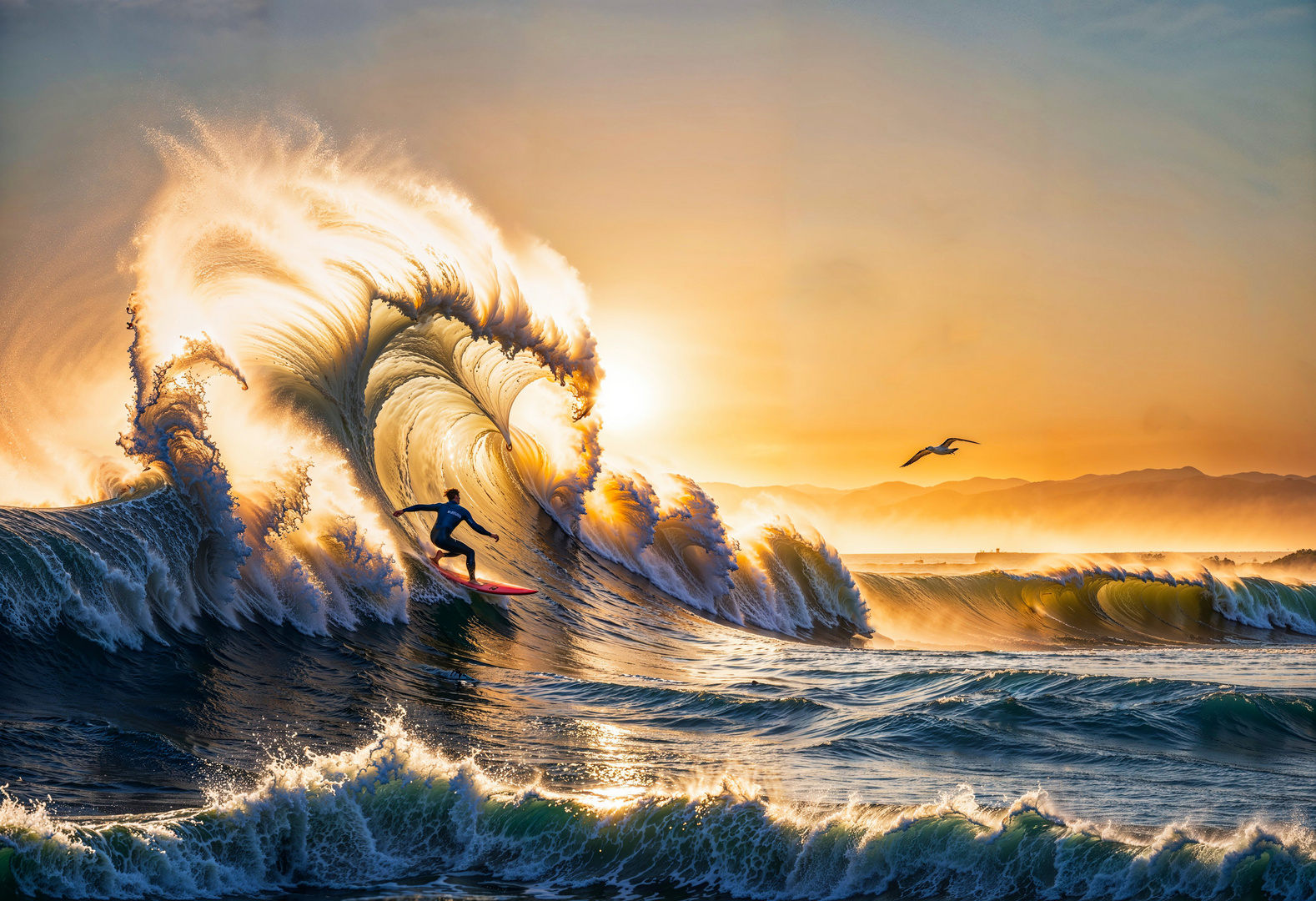 Surfen auf der letzten Sonnenglut (KI-Szene)