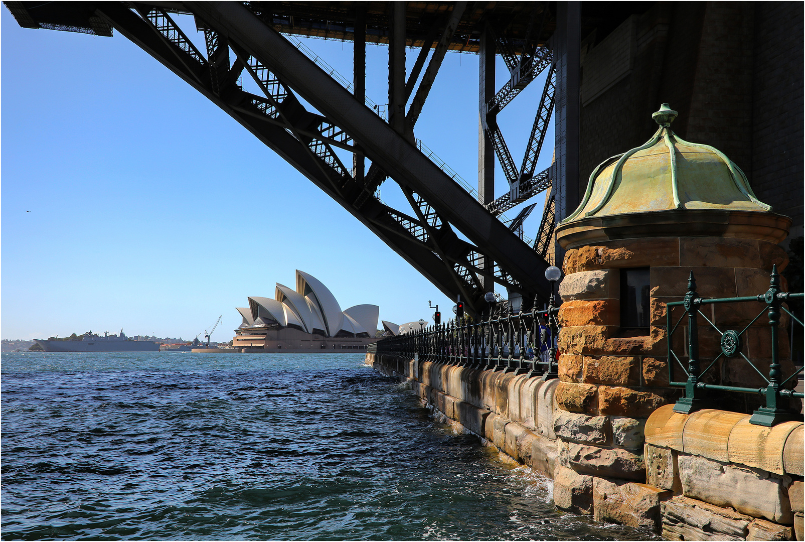 Sydney Opera House under the Harbour Bridge