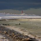 Sylt-Ellenbogen bei Eis und Schnee mit Leuchtturm Ost