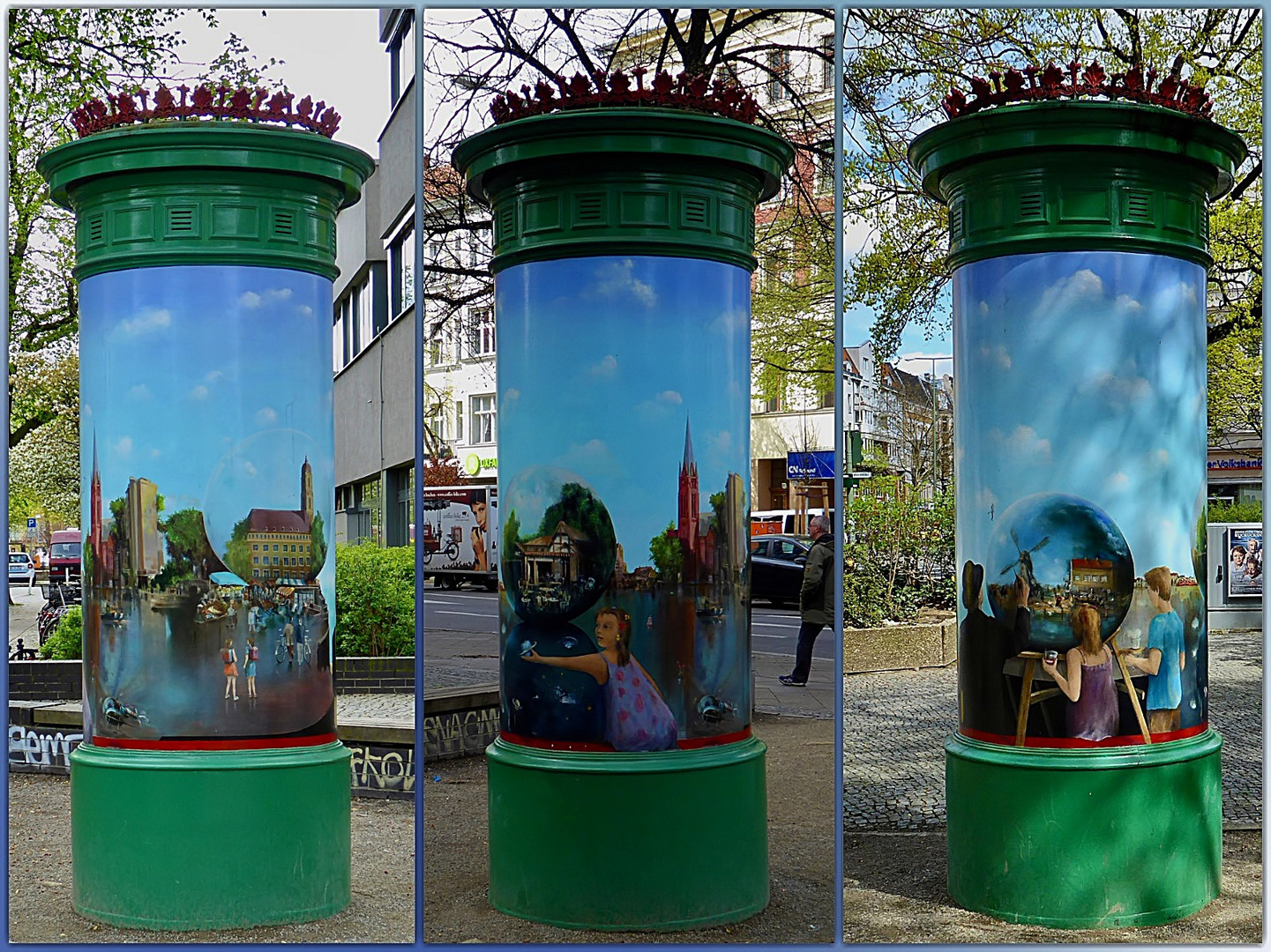 Szenen des Bezirks Friedenau auf einer historischen Litfaßsäule