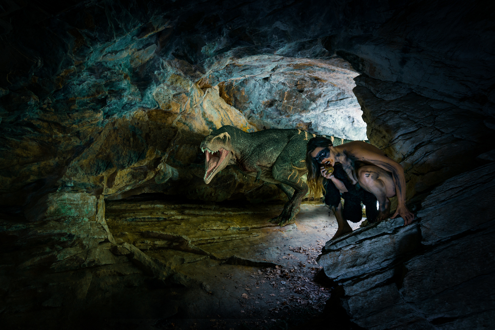 T-Rex besucht Steinzeitfrau in ihrer Wohnhöhle