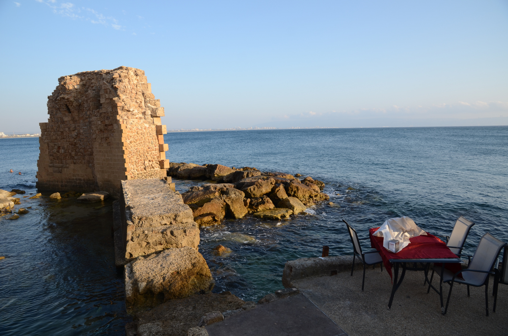 Table at the Mediterranean Sea in Akko, Israel