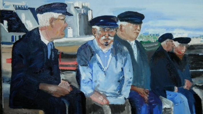 Tableau à l'huile sur toile : Marins dans le port de Guilvinnec dans les années 50