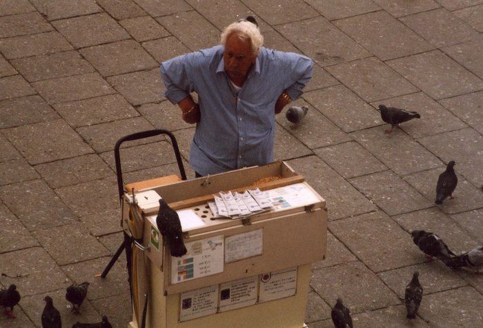 Taubenfutter-Verkäufer auf dem Marktplatz