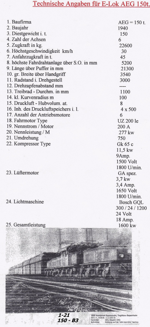 Technische Daten einer 150 t AEG