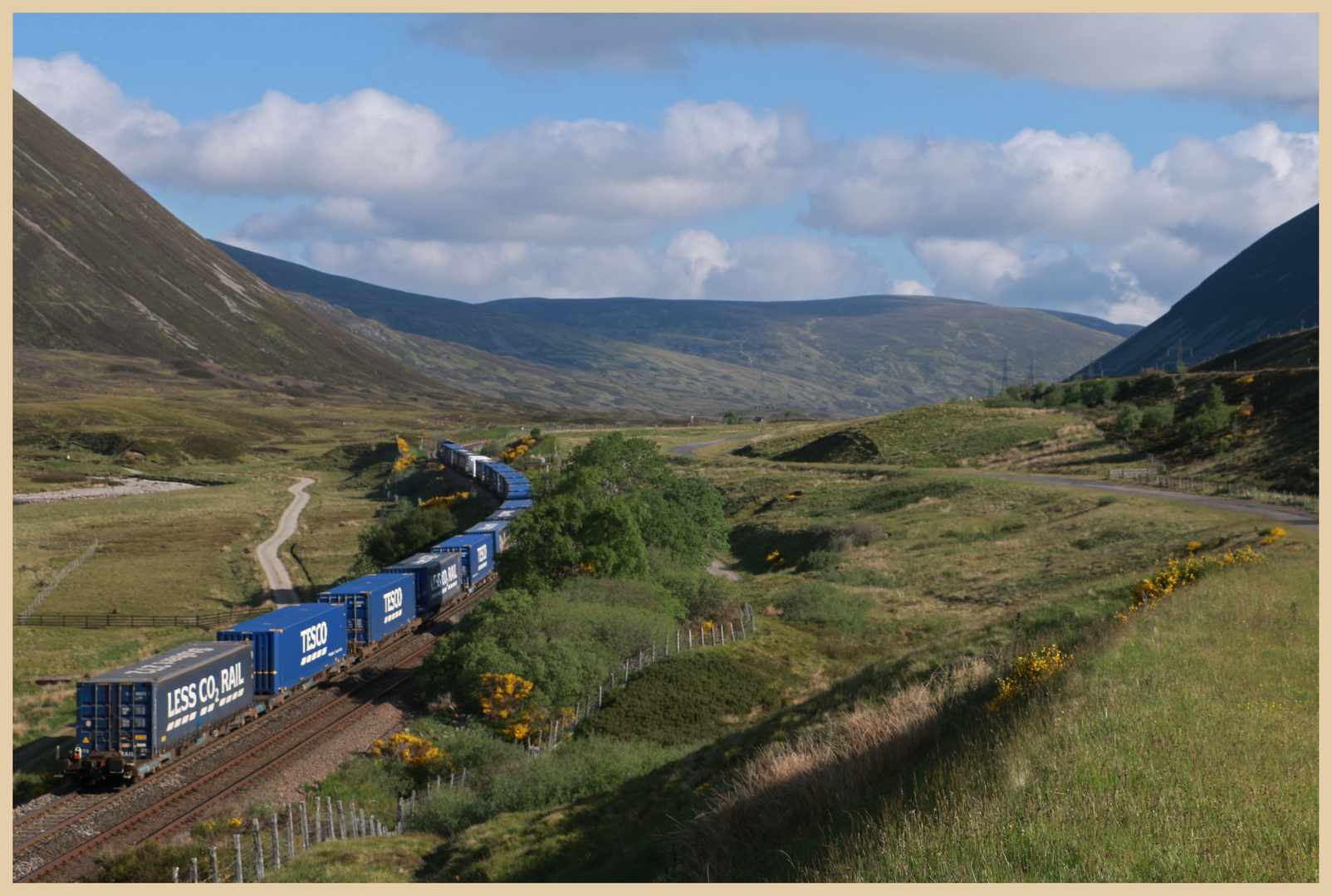 Tesco freight train approaching the pass of Drumochter