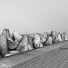 Tetrapoden an der Wesrseite von Helgoland im Nebel in Schwarz-Weiß