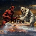 Teufel und Jesus beim Schach