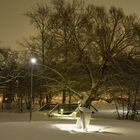 The bridge, bench, tree and statue named "look-out man"