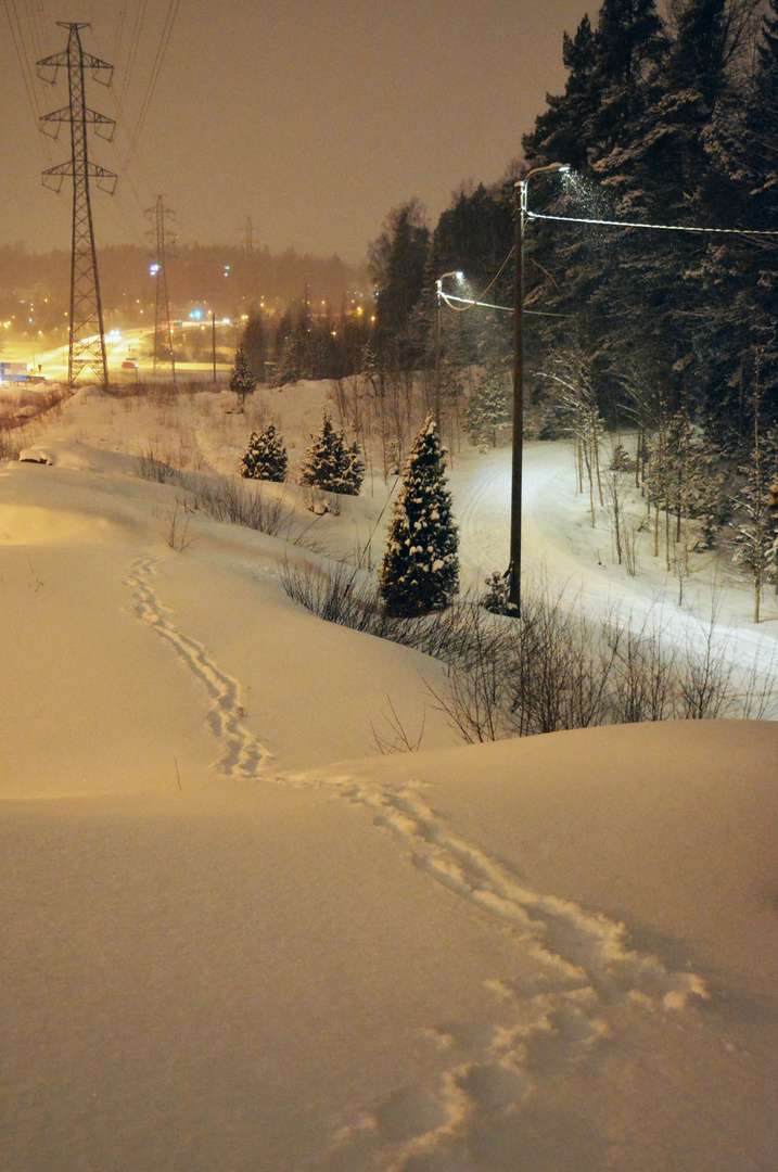 The light on trail and my foot prints on snow