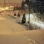 The light on trail and my foot prints on snow