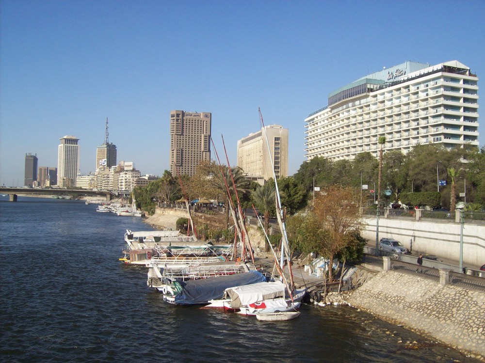 The Nile and Ramsis Hilton Hotels and the Nile River in Cairo