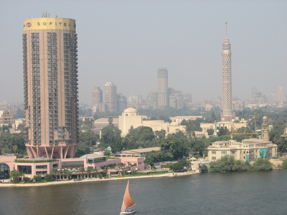 The Nile, Sofitel Tower and Cairo Tower to most right